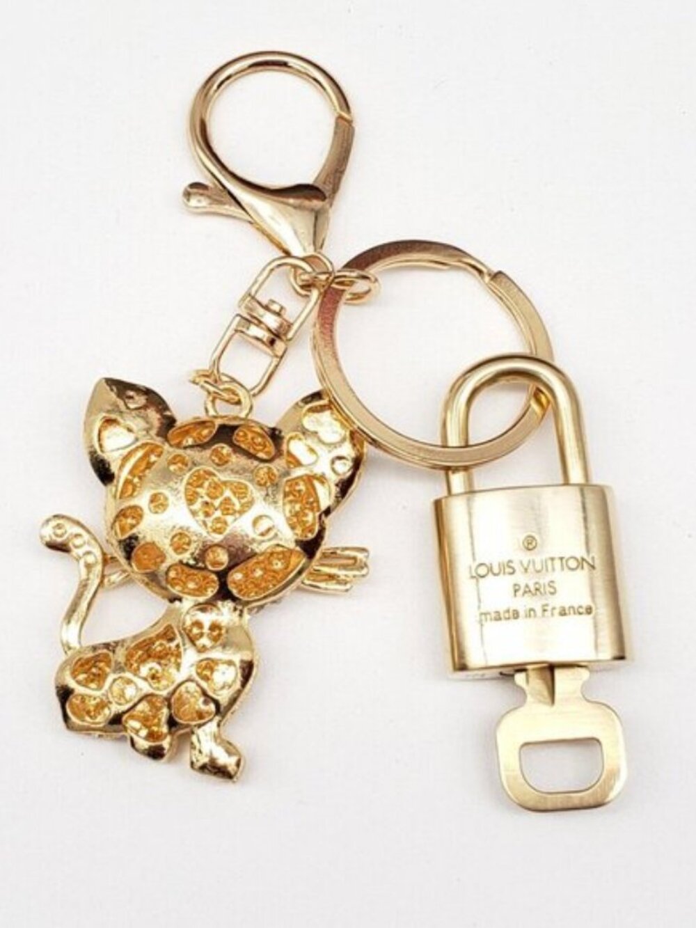 Louis Vuitton Gold Padlock Key 🔒 Authentic LV Charm + Unbranded Cat Keychain - Picture 3 of 8